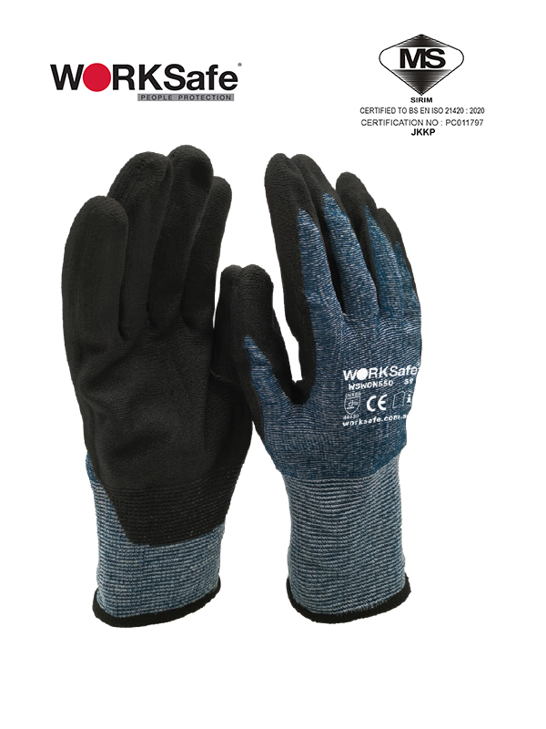 WORKSAFE N550 NITRILE MICROFOAM NYLON LINER SAFETY GLOVES, CUT LEVEL D 550